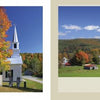 Left: White church with steeple and gravestones among autumn trees. Right: Classic Vermont scenery—red barn, white church, and buildings in a green valley with fall foliage. Product by Schiffer Publishing, Ltd.: "Vermont.