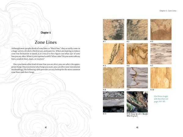 A page from Spalting 101 by Schiffer Publishing, Ltd. shows Chapter 4: Zone Lines, featuring a description of spalting wood on the left and twelve numbered close-up images of zone line patterns on the right.
