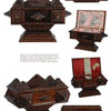 A collage of ornate geometric wooden boxes, crafted in folk art style, some open to reveal lined interiors. Featured in "A Legacy in Tramp Art" by Schiffer Publishing, Ltd., two lids are labeled CARRIE and MAMA.