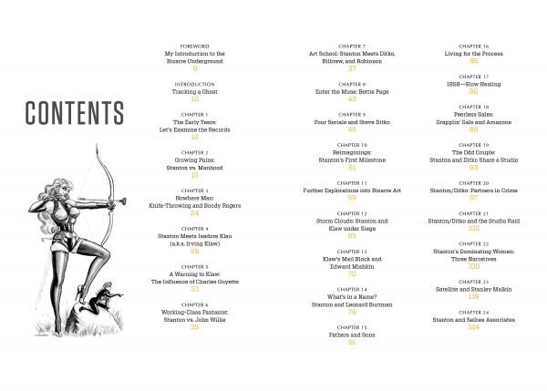 From Schiffer Publishing, Ltd.: The table of contents for "Eric Stanton & the History of the Bizarre Underground" features chapters in three columns and a black-and-white illustration of a woman with a bow and arrow beside a small animal.