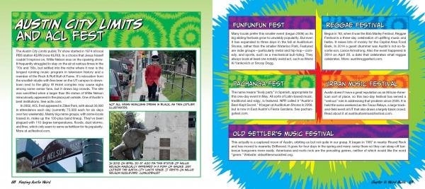 Two vibrant pages from Keeping Austin Weird by Schiffer Publishing, Ltd. showcase Austin’s music scene, iconic sites like the Cathedral of Junk, and feature events such as FunFunFun Fest, Reggae Festival, Pachanga Fest, Urban & Old Settlers Festivals.
