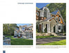 Two photos showcase a large, elegant home featured in "Contemporary Boston Architects" by Schiffer Publishing, Ltd. The design includes arched windows, brown shingles, white trim, stone foundation, and a manicured lawn surrounded by trees.