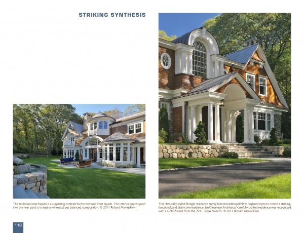 Two photos showcase a large, elegant home featured in "Contemporary Boston Architects" by Schiffer Publishing, Ltd. The design includes arched windows, brown shingles, white trim, stone foundation, and a manicured lawn surrounded by trees.