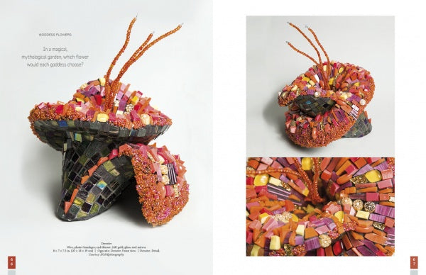 Sculptural Secrets for Mosaics by Schiffer Publishing, Ltd. features a fantasy flower mosaic in rich red, orange, pink, and gold tiles and beads, crafted with 3-D techniques and shown on a white background with a right-side close-up.