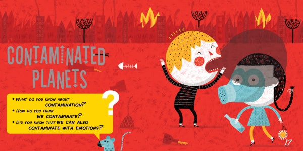 Two cartoon characters stand on a red landscape. One shouts angrily while another, in a gas mask with a spray bottle, looks defensive. “Contaminated Planets?” the text asks—prompting discussion of emotions with Feelings Forecasters by Schiffer Publishing, Ltd.