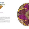 A spread from "Nature Mandalas Wonders of the Garden" by Schiffer Publishing, Ltd. shows the title "Butterflies and Moths" with an orange butterfly and "Mourning Cloak" on the left, and a circular illustration of four purple and yellow butterflies on the right.