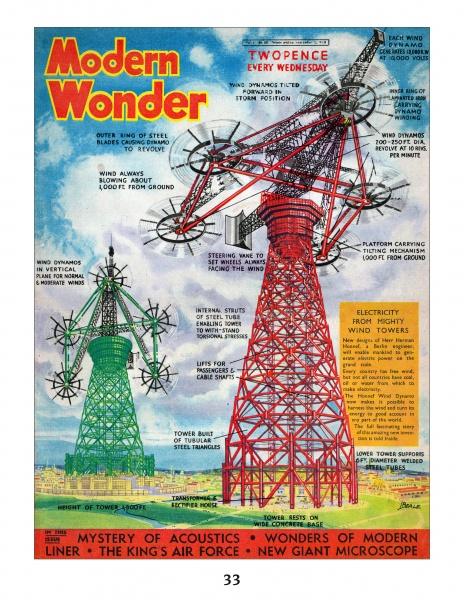 A vibrant illustrated cover of "Offshore Windpower" by Schiffer Publishing, Ltd. displays two massive steel wind turbines with rotating blades, highlighting how these structures generate renewable energy from wind.