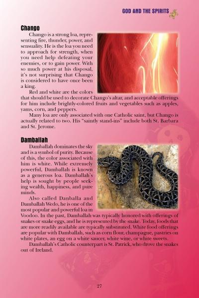 A page from "Everyday Voodoo" by Schiffer Publishing, Ltd. details Chango and Damballah, their origins, and symbols—highlighting red fabric or flames for Chango and a black coiled snake for Damballah in Voodoo tradition.