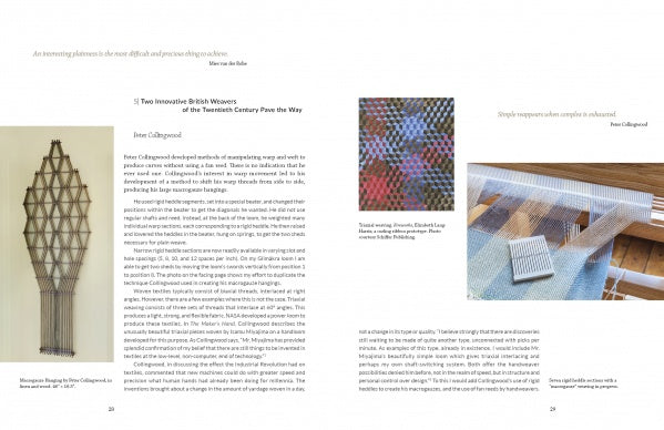 A two-page spread from "Ondulé Textiles" by Schiffer Publishing, Ltd. shows a geometric hanging on the left and a colorful ondulé textile on a loom with weaving instructions, captions, and structured text on the right.