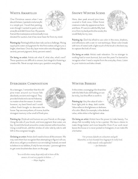 A page from Kristy's Winter Cutting Garden by Schiffer Publishing, Ltd. features four wintry flower illustrations, each paired with a short story, painting tip, artist note, and a circular black-and-white sketch.