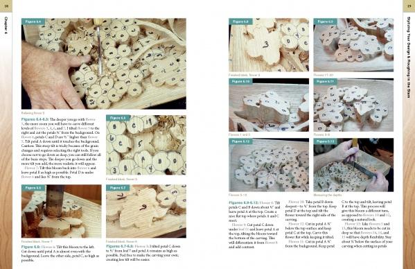 Two pages from "Deep Relief Wood Carving" by Schiffer Publishing, Ltd. feature step-by-step photos and close-ups of hands assembling numbered wooden pieces into a 3D relief sculpture.