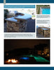 Scott Cohen's Poolscapes by Schiffer Publishing, Ltd. features a stone outdoor kitchen with curved stainless steel countertop, showcased with pool landscaping and stunning backyard pool designs beside a lit swimming pool at night.