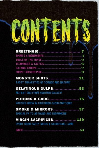 The "Let's Get Monster Smashed" table of contents from Schiffer Publishing, Ltd. features colorful illustrations, funky fonts, and dripping effects, with sections like Greetings, Monster Shots, Potions & Grog, and more.