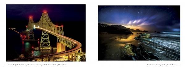 Side-by-side images display fine-art photography: left, a luminous bridge at night; right, "Oregon Coast" by Schiffer Publishing, Ltd.—a dusk scene with ocean waves, rocky shoreline, and a colorful horizon.
