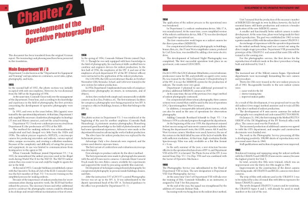 A two-page spread from The Secret History of STASI Spy Cameras by Schiffer Publishing, Ltd. shows Chapter 2: Development of the Operative Photography Unit, with red and black headings, dense text columns, and Cold War-era STASI spy camera details.