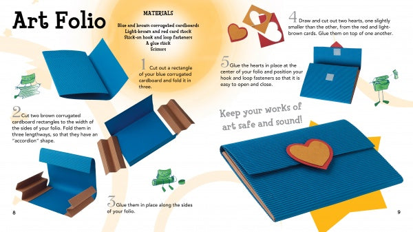 A step-by-step illustrated guide from Schiffer Publishing, Ltd. shows kids how to craft a blue heart-clasp art folio using Cardboard, helping build fine motor skills; the completed project appears at the bottom right.