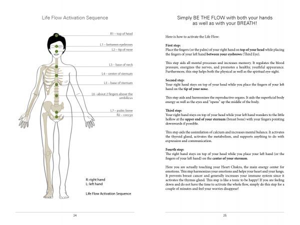 Two pages from Schiffer Publishing, Ltd.'s "Feeling Great with the Moon" show a human diagram with labeled points (head, chest, body) and step-by-step Life Flow Activation Sequence instructions inspired by Japanese energy healing.