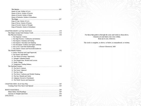 The left page of Schiffer Publishing’s "A Course in Tarot" displays its table of contents, while the right features an inspiring Erinour Simamun, MH quote on the power of words and writing—ideal for Tarot learners. Ornamental borders adorn both pages.