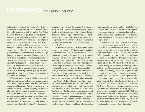 A page in From the Platform 2 by Schiffer Publishing, Ltd. has a Foreword by Henry Chalfant, shown in a two-column layout with dense greenish text on an off-white background, covering Bronx subway graffiti’s history and impact.