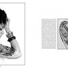 A black and white image in "Musical Ink" by Schiffer Publishing, Ltd. shows a woman in profile with bracelets and a detailed upper arm tattoo; the opposite page displays a close-up of the design and a block of text.