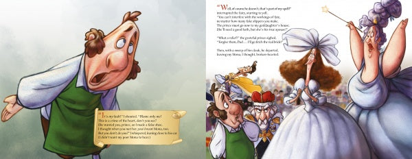 A worried man in a green apron eyes a lively group—a soldier, two elegant women, and a grandly gesturing fairy with glass slippers—in this dramatic children's book illustration from "If the Shoe Fits" by Schiffer Publishing, Ltd.