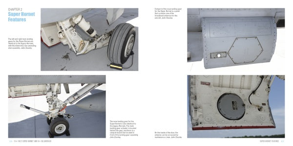 A collage of four close-ups displays landing gear and access panels on the F/A-18E/F Super Hornet and EA-18G Growler, showcasing detailed features of these jets from Schiffer Publishing, Ltd.