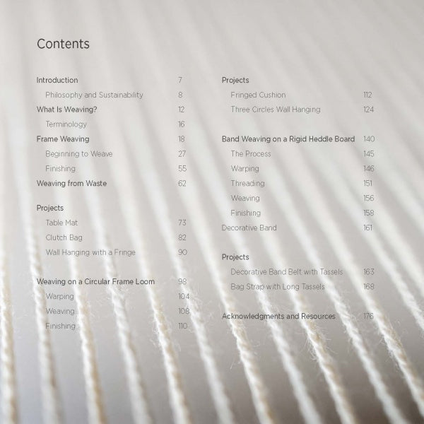 A table of contents from "Weaving" by Schiffer Publishing, Ltd. overlays a blurred backdrop of white threads, listing handwoven textile techniques, zero-waste projects, and acknowledgments with their page numbers.