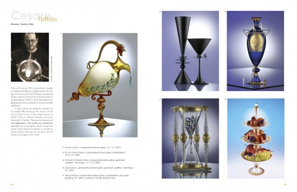 A magazine spread showcases Schiffer Publishing, Ltd.'s "Glass Art," featuring Cesare Toffolo’s portrait, six vibrant glass sculptures and vessels, plus text highlighting Toffolo’s biography and role among leading glass artists.