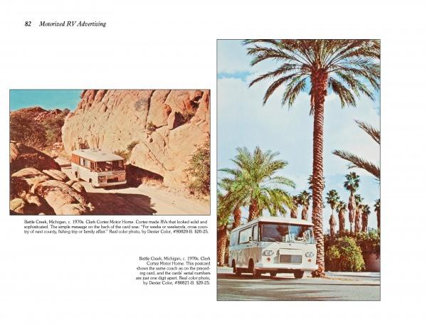 A vintage RV journeys through desert and palm-lined landscapes, capturing the spirit of adventure. "Pictorial Guide to RVing" by Schiffer Publishing, Ltd. is ideal for postcard collectors and RV enthusiasts seeking nostalgic charm.
