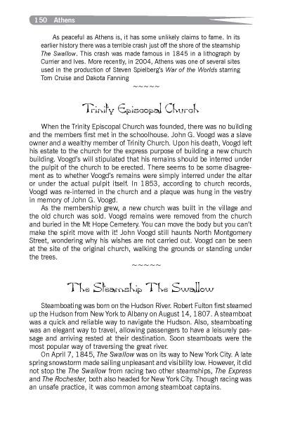 A page from Spooky Hudson Valley (Schiffer Publishing, Ltd.) covers Athens, NY history, featuring Trinity Episcopal Church and steamboat The Swallow—local ghost tour highlights. Black text, white background, decorative dividers.