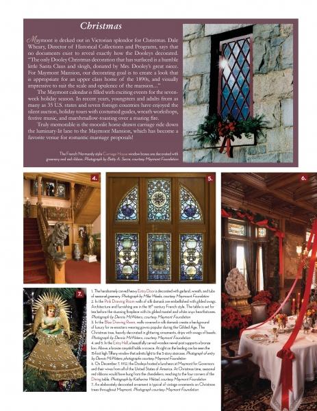 A festive page from Schiffer Publishing, Ltd.'s "Christmas at Historic Houses" displays holiday décor: a wreath on a stone window, ornate stained glass, a lavish dining room, a gold-clad Christmas figure, and text on Moyna’s Christmas traditions.