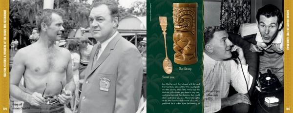 A collage: Left, two men (one shirtless, one in a suit) talk outdoors; center, a Mai-Kai tiki mug with Polynesian pop culture drink info; right, two men talk—one on the phone, the other surprised. Brand: Schiffer Publishing, Ltd.