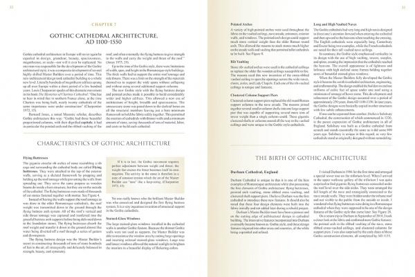 Two open pages of "Cathedrals Built by the Masons" by Schiffer Publishing, Ltd. explore Gothic European cathedrals, structural elements, and history, with sections and highlighted features in a clear serif font on cream-colored paper.