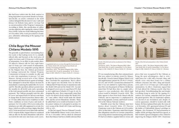 Two pages from "History of the Mauser Rifle in Chile" by Schiffer Publishing, Ltd. display detailed diagrams, photos, and labeled components of Chilean Mauser rifles, showing their history against a clean white background.