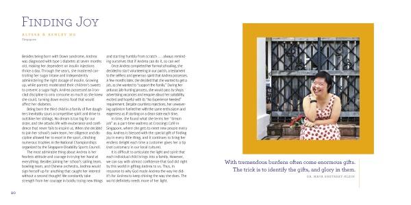 A smiling woman with Down syndrome holds a flower, sitting outside by a black iron gate, framed by yellow. Inspiring stories from Reasons to Smile by Schiffer Publishing, Ltd. appear on the left side of the image.