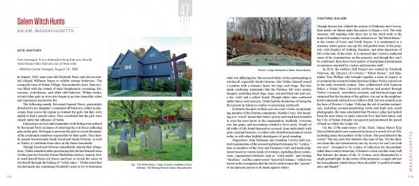 Explore a two-page spread from Notorious New England by Schiffer Publishing, Ltd. about the Salem Witch Hunts in Salem, MA, with photos of the Witch House, cemetery, and Witch Trials Memorial—plus must-know info on these haunting sites.