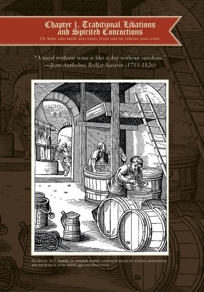 An old-fashioned woodcut shows people making wine in a rustic cellar with barrels and a press, evoking European cuisine. Above, a quote on wine and the title “Medieval Cooking in Today's Kitchen” by Schiffer Publishing, Ltd. are displayed.