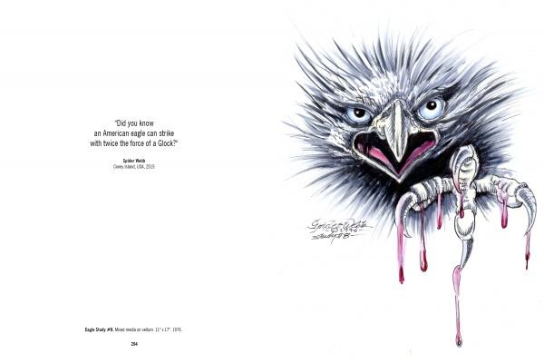 Spider Webb's American Eagle Tattoo Flash by Schiffer Publishing, Ltd. features a bold eagle with blood, inspired by classic American tattoo designs and capturing the spirit of patriotic tattoo flash.