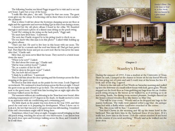 Two book pages: the left has text and a photo of a man with a child; the right introduces the chapter "Stanley's House" and a color photo of a white house, teasing haunted Texas tales in Spirit Magnet In Texas by Schiffer Publishing, Ltd.