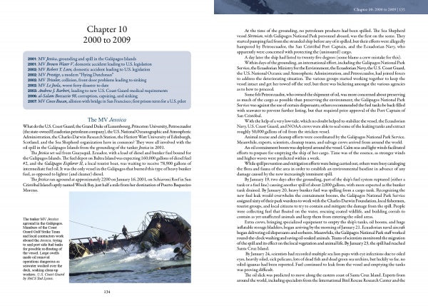 An open spread of "Maritime Casualties" by Schiffer Publishing, Ltd. shows chapter 10’s title, summary, and a photo of a partially submerged ship with crewmen on the left page, and detailed text about the incident on the right page.
