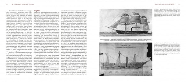 A two-page spread from "The Confederate Steam Navy" by Schiffer Publishing, Ltd. features text on ship history and two black-and-white images: a Civil War steamship at sea and a labeled side-view diagram of a naval vessel’s structure.