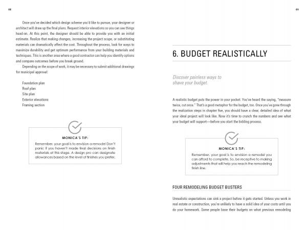 The two-page "Remodel Success" spread by Schiffer Publishing, Ltd. on home remodeling covers budgeting tips, features section headings, tip boxes with icons, and a list of expenses, all arranged in a clean, spacious layout for easy reading.