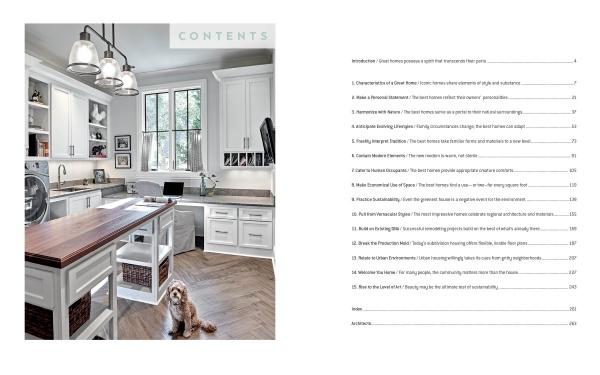 A kitchen with white cabinets, a large island, and wood countertops features a dog on the floor. On the right, the table of contents for "Anatomy of a Great Home" by Schiffer Publishing, Ltd. lists topics on award-winning and sustainable home design.