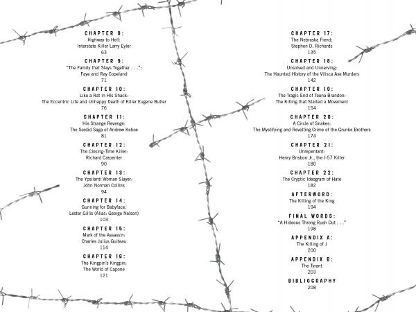 Barbed wire crosses white pages showing a table of contents with black chapter titles and page numbers, setting a gritty tone for "Notorious Crimes of the Upper Midwest" by Schiffer Publishing, Ltd., inspired by true crime in the region.