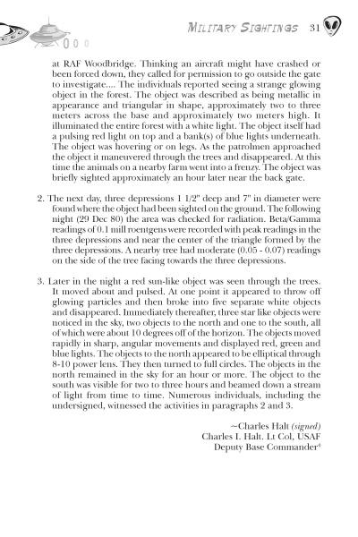 A scanned page from "UFOs Above the Law" by Schiffer Publishing, Ltd. details multiple UFO sightings at RAF Woodbridge, including glowing red and orange objects, military testimony by Charles I. Halt, and law enforcement UFO reports.