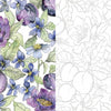 A split image shows Kristy Rice’s watercolor art of purple flowers, green leaves, and plums on the left, and the same floral design as a black-and-white outline on the right from Schiffer Publishing’s The Art for Joy's Sake Journal.