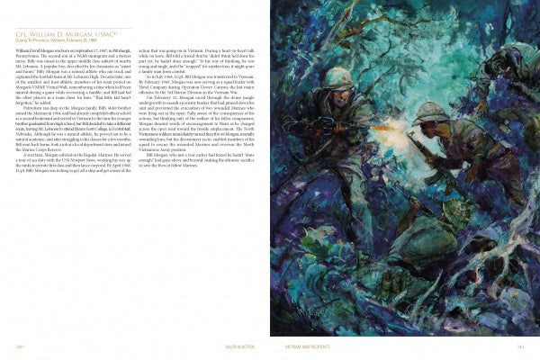 Valor in Action" by Schiffer Publishing, Ltd. features Charles Waterhouse’s painting of two U.S. Marines in jungle combat at night, rifles raised, with an adjacent page of text capturing their heroic actions and the Marine spirit.
