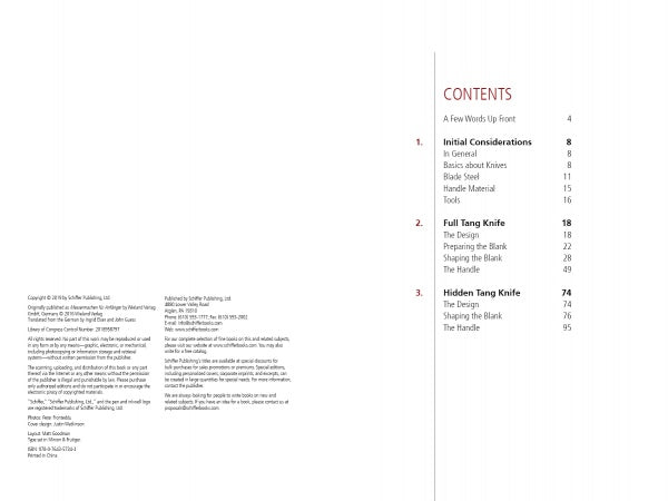 Image of Knifemaking for Beginners' table of contents by Schiffer Publishing, Ltd.—covers Initial Considerations, Full Tang Knife, and Hidden Tang Knife—essential topics for knifemaking and fixed-blade knife enthusiasts.