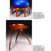 Two sculptural wooden stools: the top has a round base, curved legs, and a bright blue seat; the bottom has three long legs and an organic wavy seat, reflecting the artistry found in "Creating Concrete Art Furniture" by Schiffer Publishing, Ltd.