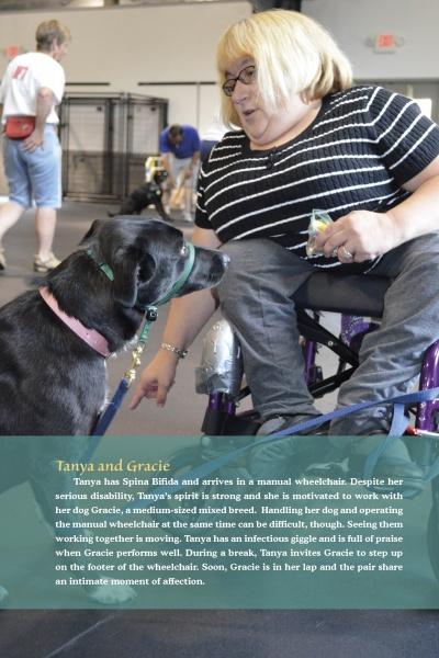 Tanya, in a manual wheelchair, smiles and reaches to her black service dog Gracie. People and dogs mingle behind them. Ambassador Dogs by Schiffer Publishing, Ltd. celebrates their inspiring bond among many heartwarming dog stories.
